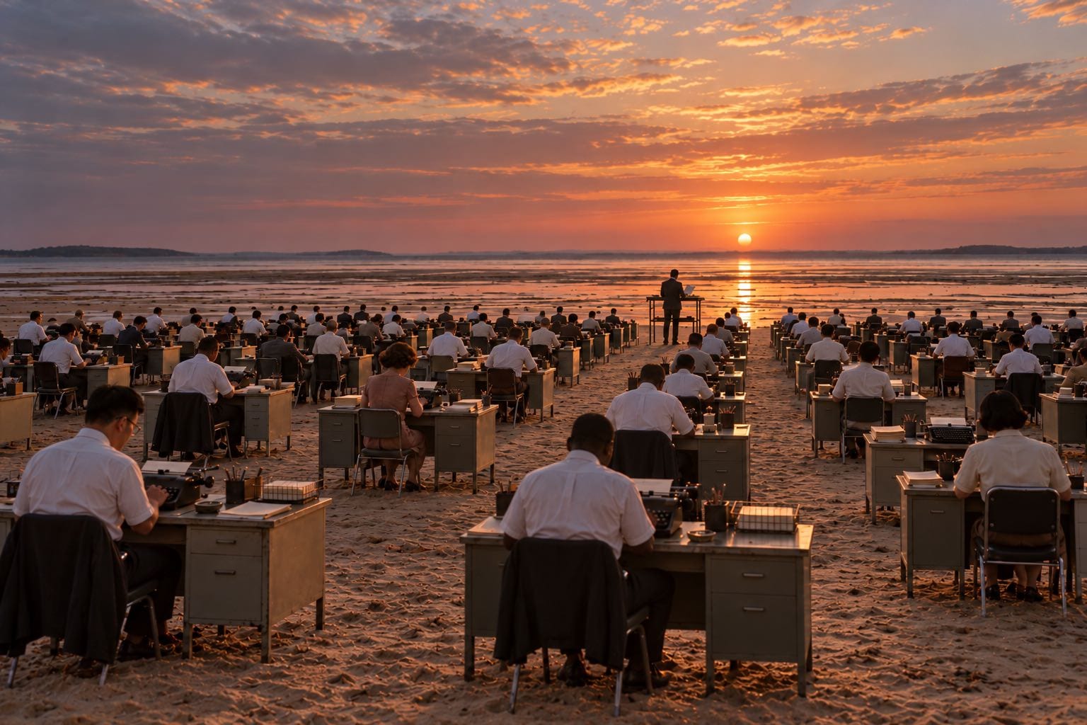 Rows of steel office desks set out on a tidal flat at sunset, a 1960s typist at each one, mostly men in white short-sleeved shirts. At the far end, facing the sea, one man in a suit stands at a drafting table: the only person not typing.