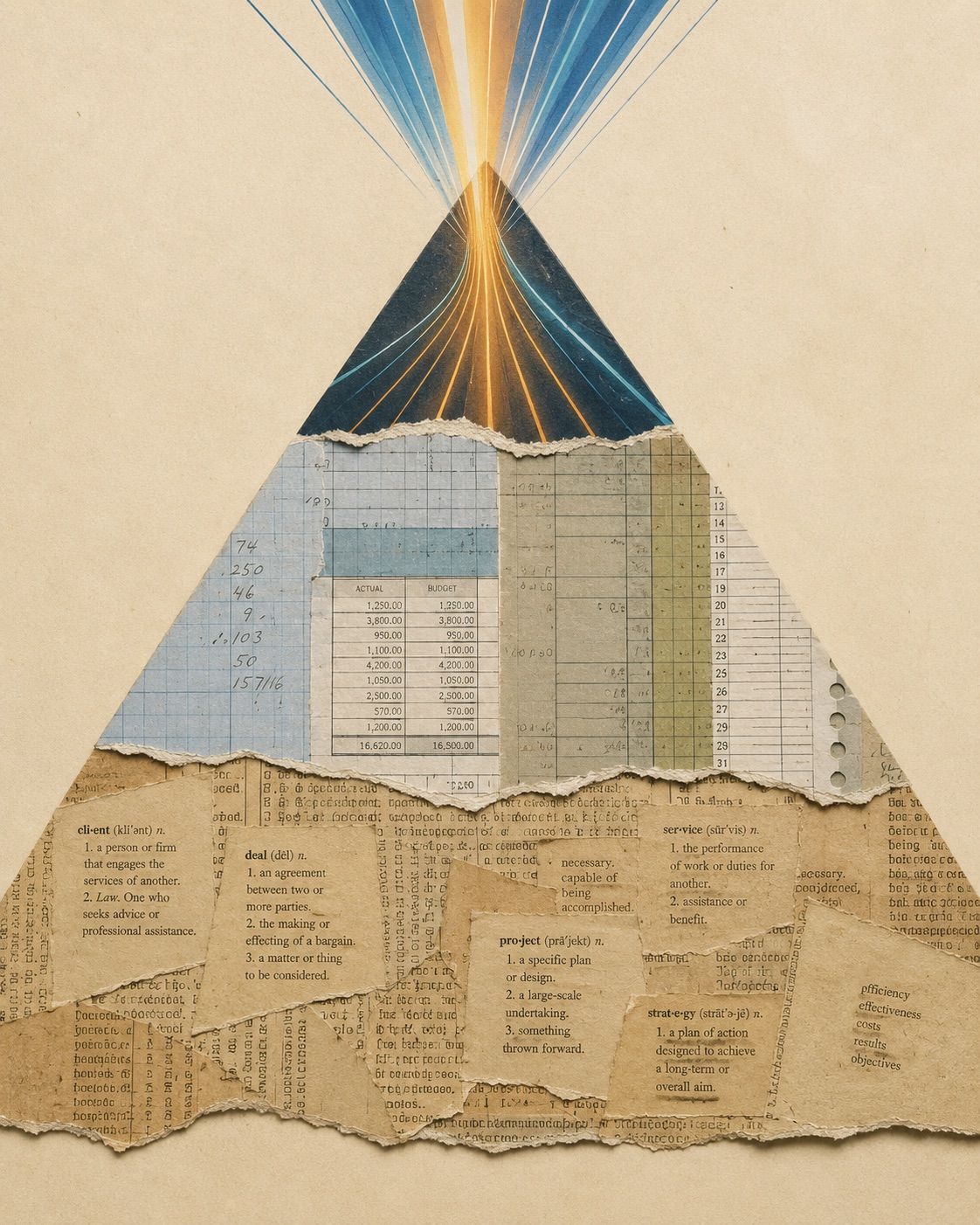 A layered-pyramid collage: torn dictionary definitions of business terms — client, deal, service, project, strategy — form the base; ledger and spreadsheet pages stack above them; and beams of blue and gold light converge at the apex.